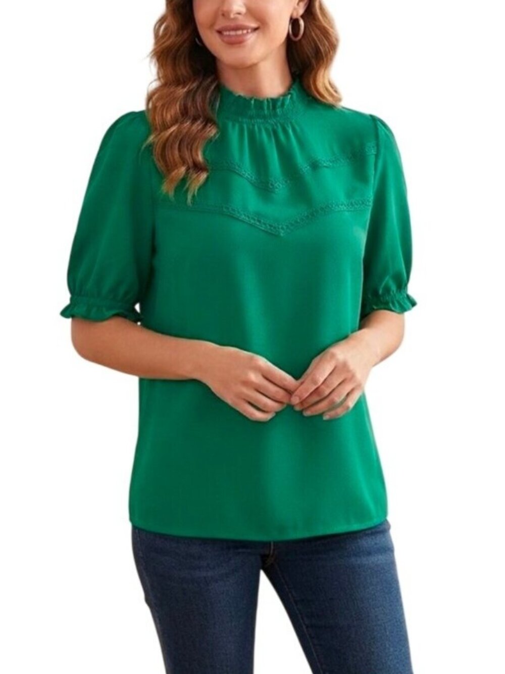 LOFT Green Mock Neck Ruffle Short Sleeve Top Blouse Size Xlarge